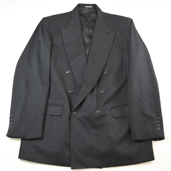 Vtg USA Made Double Breasted 44L Black Wool Mens Blazer Suit Jacket Sport Coat